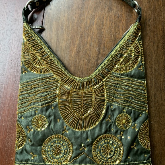 Aldo Handbags - Vintage Embroidered Olive Green purse with Gold Beading. 11.5” wide. 13” high.